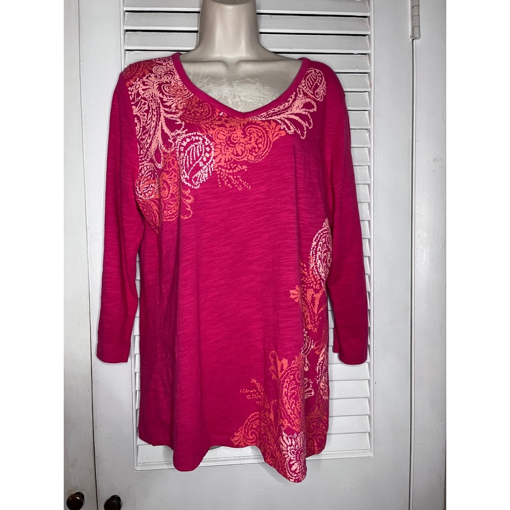 Made For Life Pink Paisley Graphic V-Neck Long Sleeve Tunic Top Large L